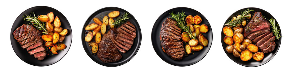 Top view of a black plate topped with a grilled and sliced beef or chicken or pork steak and roasted and mashed potatoes. isolated on a white or transparent background .top view. - obrazy, fototapety, plakaty