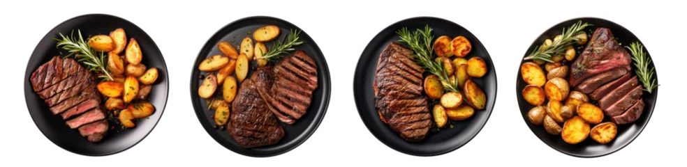 Zelfklevend Fotobehang Top view of a black plate topped with a grilled and sliced beef or chicken or pork steak and roasted and mashed potatoes. isolated on a white or transparent background .top view. © Transparent png