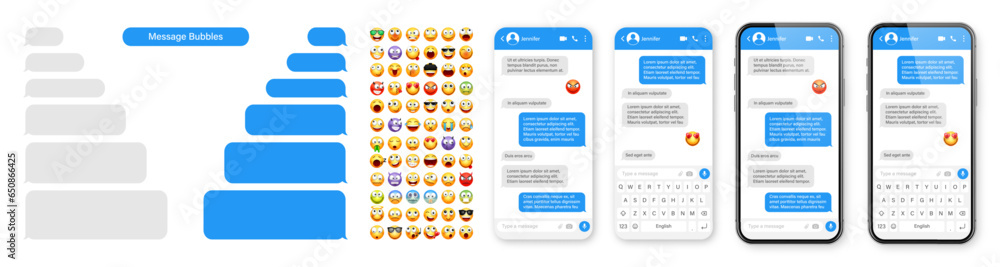 Poster smartphone messaging app, user interface design with emoji. sms text frame. chat screen with blue me
