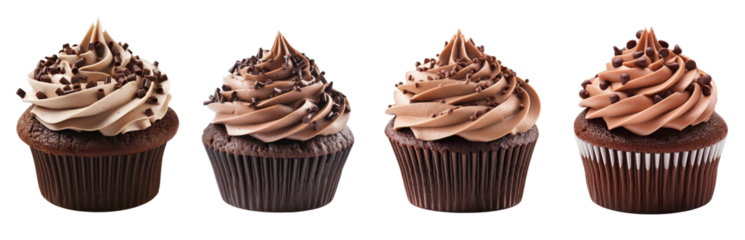 collection of Chocolate cupcakes or muffin topped with a creamy frosting. perfect for any occasion, from a birthday party to a simple afternoon snack.
