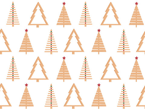 Seamless Pattern Of Handmade Wooden Christmas Trees. Winter Holidays Background. Plastic Free Holiday Decorations. Save The Planet, Zero Waste Concept