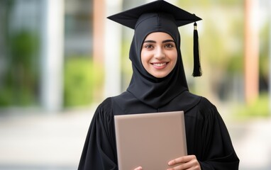 Graduated muslim girl student stands with mortar board hat on head and bachelor gown, generative ai