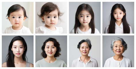 collage of chinese racial female portraits of different ages, made with generative AI - obrazy, fototapety, plakaty
