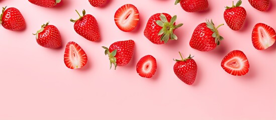Minimalistic strawberry pattern on pink background creative food concept Flat lay with copy space top view