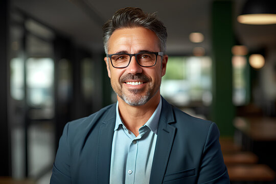 Smiling 45 Years Old Banker, Happy Middle Aged Business Man Bank Manager, Mid Adult Professional Businessman Ceo Executive In Office, Older Mature Entrepreneur Wearing Glasses, Headshot Portrait.