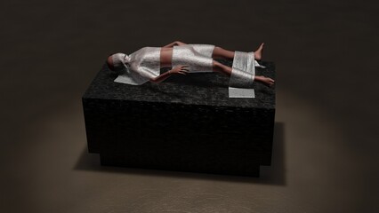 Human on stone slab. Person on ancient sacrificial platform. Woman covered in cloth on stone slab. Sacrificial offering of human being on marble rock.  Human sacrifice. 3d render illustration.