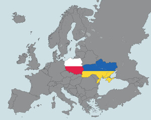 Obraz premium Ukrainian and Polish outline map flag texture on Europe patriotic background. concept of partnership country Poland and Ukraine 