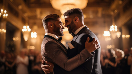 Portrait of a happy homosexual couple dancing during their wedding