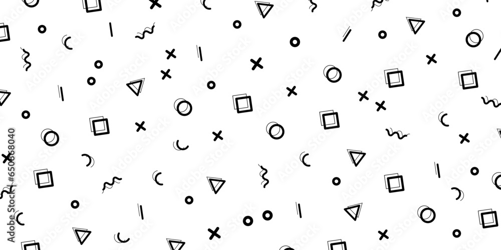 Poster hipster pattern with black and white geometric forms. line, square, triangle, circle shape . retro 8