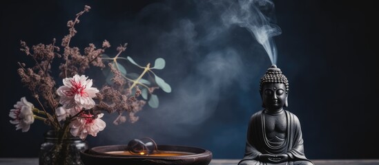 Burning incense in a vase Festive incense by Buddha Offering to gods Aromatherapy Expanding consciousness Eastern meditation