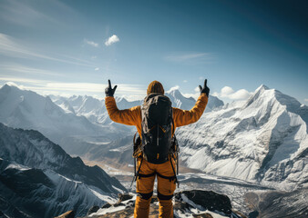 Climber hiker with arms up victory on top of mountain looking down on snowcapped landscape, extreme sport success AI generated
