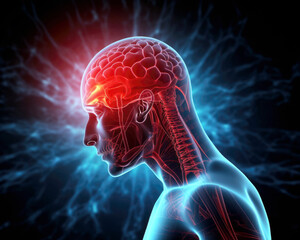 Tension headache migraine chronic pain brain injury neuron pathways firing medical illustration AI generated