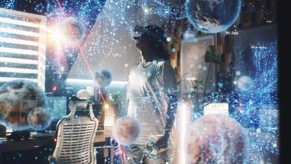 Man uses augmented reality goggles and wireless controllers at home. 3D computer graphics visualization of holographic immersive metaverse big data and virtual cyberspace. Futuristic VFX animation.