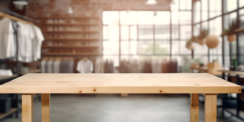 Empty wooden table for product, brand or advertising. With blurred clothing store background