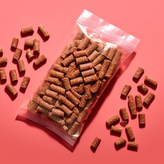 Small pieces of beef pellets, elongated, packed in a transparent plastic bag