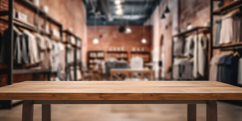 Empty wooden table for product, brand or advertising. With blurred clothing store background - obrazy, fototapety, plakaty