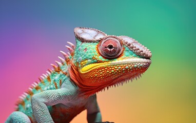 Close up chameleon portrait on isolated green background, generative ai