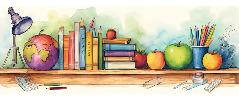 watercolor style illustration table with books and stationaries background wallpaper, Generative Ai