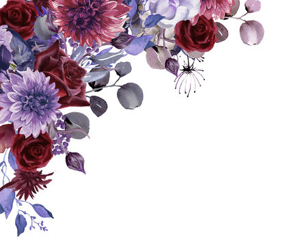 recommend clip art: Halloween floral corner border.  Watercolor gothic roses PNG illustration. Purple flowers. Dark red rose 