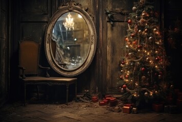 Room in an old house, an old mirror hangs on the wall, in the mirror there is an image of a decorated New Year tree