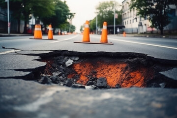 Dangerous hole in the asphalt highway. Road with cracks. Damaged asphalt, road collapse. Generative AI - obrazy, fototapety, plakaty