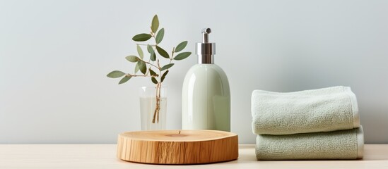 Fototapeta na wymiar Contemporary bathroom accessories in light green shade eucalyptus hue Eco friendly towels minimalist vase oak stump with sensor dispenser