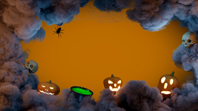 3D Halloween banner or party invitation background, clouds, spider and pumpkins, spiders web, spooky clouds