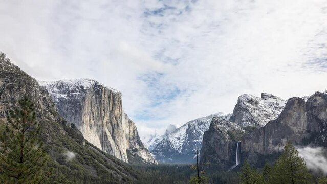 Time lapse of a snowy winter landscape looking down Yosemite Valley in Yosemite National Park