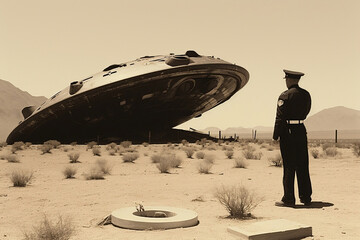 Crashed UFO in New Mexico in the 1950s discovered by a police officer - obrazy, fototapety, plakaty