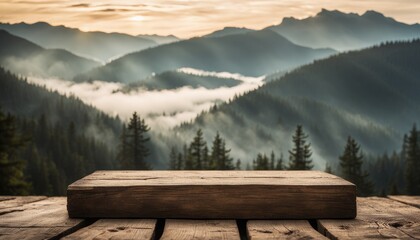 Empty Blank Rustic Old Wooden Podium Platform Stand Misty Mountains View Foggy Spruce Forest Nature Background National Park Landscape Backdrop Outdoors Mockup Product Display Showcase Montage Natural