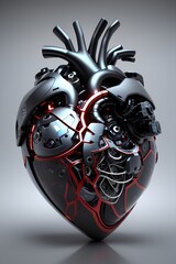 Ultramodern cybernetic artificial, human heart, which organically combines technology and magic. Its smooth, matte-black surface made of composite materials, the surfaces of the organ have intricate t