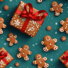 Naklejka premium Traditional gingerbread Christmas cookies cartoon repeat pattern Xmas