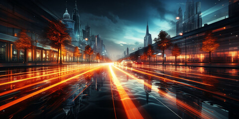 City Streets Illuminated by Vehicle Lights at Night