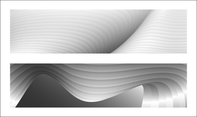 Monochrome cover design, abstract background. Wavy silver parallel gradient lines, ribbons, silk. Set of 2 backgrounds. Black and white with shades of gray banner, poster. eps vector