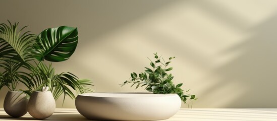 White round coffee table with green leaf plants in a vase illuminated by morning sunlight and casting shadows on a beige wall
