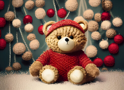 A nostalgic plush teddy bear with a Santa Claus hat, illustration