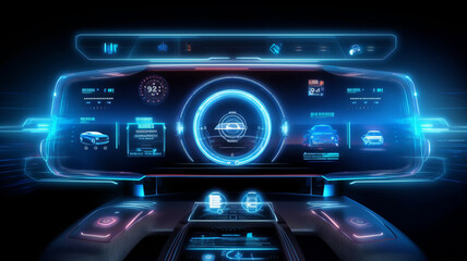 autonomous futuristic car dashboard concept with HUD and hologram screens