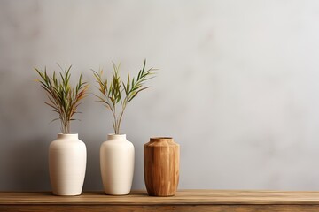 Three vases, two white with green plants and one brown and empty, on a wooden surface against a gray concrete wall.