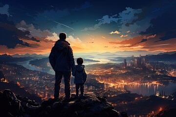 Illustration of a father and son on a hill watching the night illuminated city over the river
