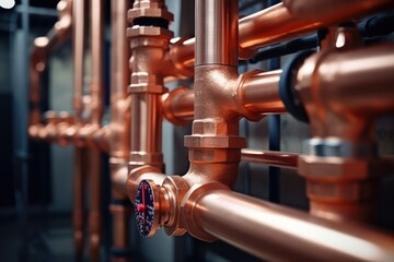 Plumbing service. copper pipeline of a heating system - obrazy, fototapety, plakaty