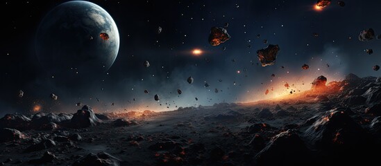 Illustration of asteroids flying through deep space in