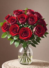 Bouquet of red roses in a vase on the table