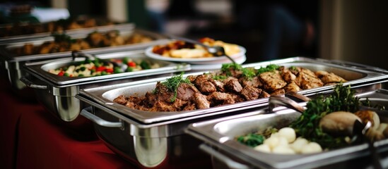 Several savory entrees are served in chafer dishes at a catered event with guests helping themselves