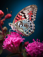 butterfly, wings fully open, resting on a vibrant pink flower, contrasting background, diffused light