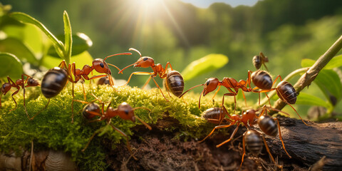 an army of ants working in harmony, carrying food back to their nest, ground level view, warm earth tones - obrazy, fototapety, plakaty
