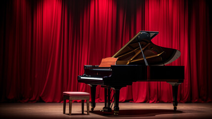 a grand piano, half - open, placed on a wooden stage, spotlight focusing on the keys, with a...