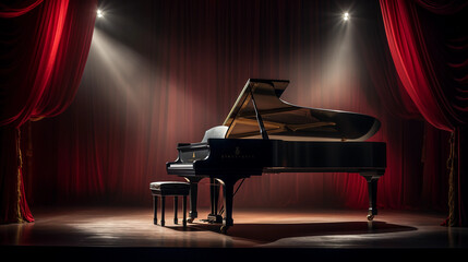 a grand piano, half - open, placed on a wooden stage, spotlight focusing on the keys, with a...