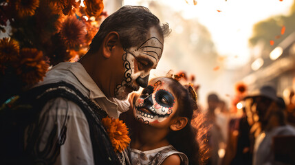 Cultural Commemoration Mexican Family Celebrating Dia de los Muertos in Town. Day of the Dead.