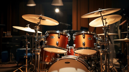 drum set in a recording studio, detailed textures on drum skins, sticks mid - air, cymbals vibrating, microphones set up - obrazy, fototapety, plakaty