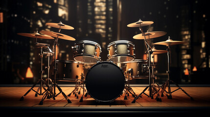 drum set in a recording studio, detailed textures on drum skins, sticks mid - air, cymbals vibrating, microphones set up - Powered by Adobe